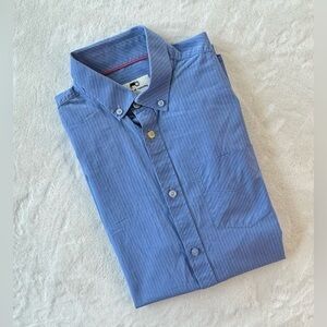 Mens moods of norway blue with white stripes long sleeve button up shirt size L